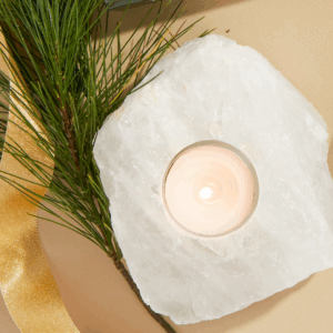 clear quartz candle holder with pine and ribbon for christmas